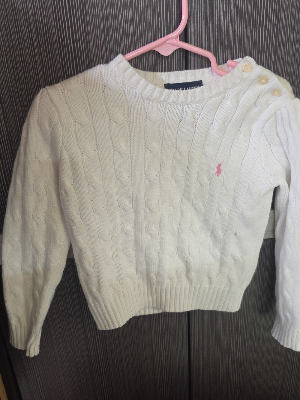 Ralph Lauren 3T Cream Cable-Knit Crew Sweater with Pink Pony